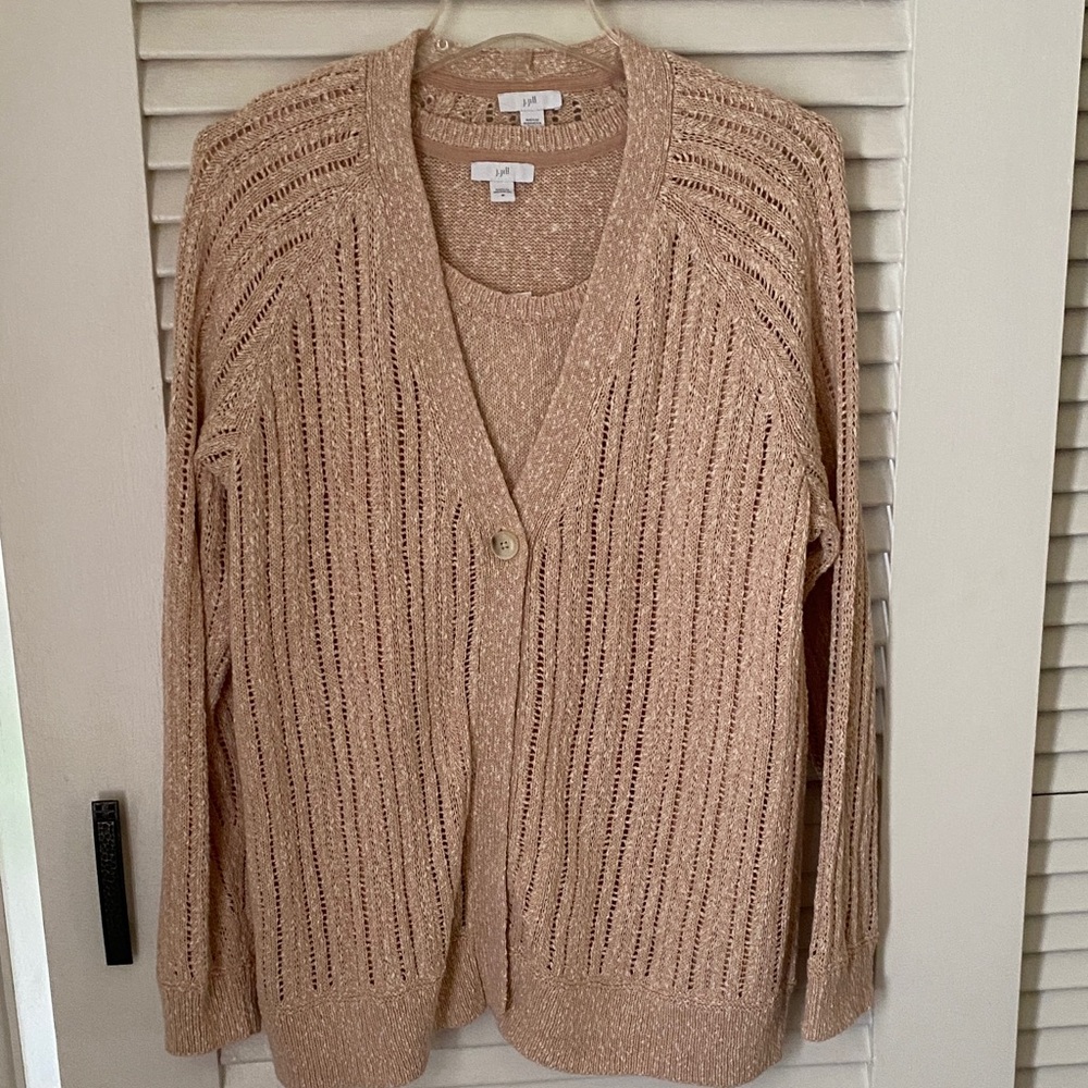 J. Jill Open-Knit Single-Button Cardigan with Matching Tank in Light Tan/Pink